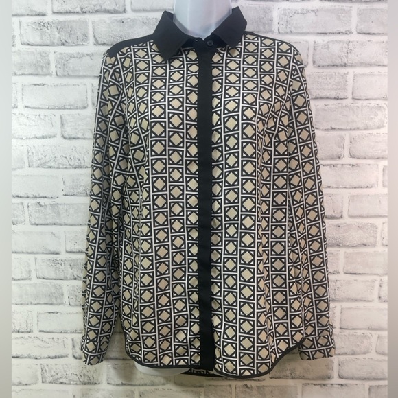 Michael Michael Kors Square Diamond Pattern Hidden Button Long Sleeve Blouse 4 - Picture 1 of 9